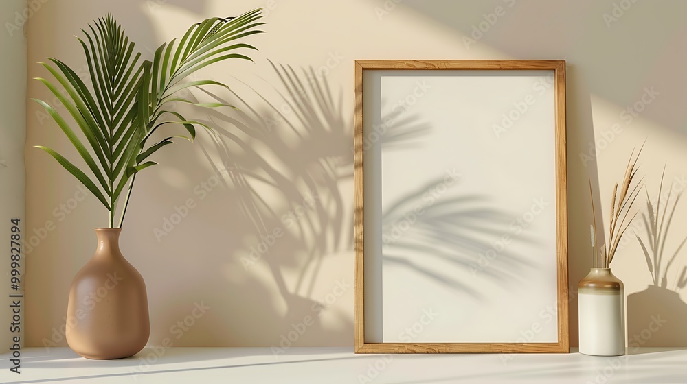 Empty aesthetic photo frame mockup with vase and palm leaves on white table template with for poster and design home interior decoration cozy scandinavian style Empty aesthetic photo frame mockup with vase and palm leaves on white table template with for poster and design home interior decoration cozy scandinavian style