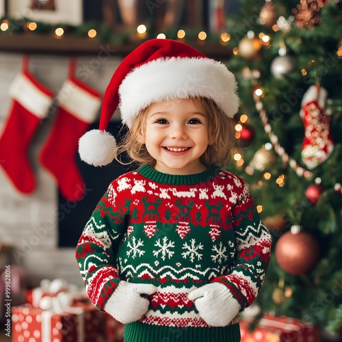 cheerful child dressed in a Christmas-themed outfit, featuring a red and green sweater with reindeer and snowflake patterns, a Santa hat with a fluffy