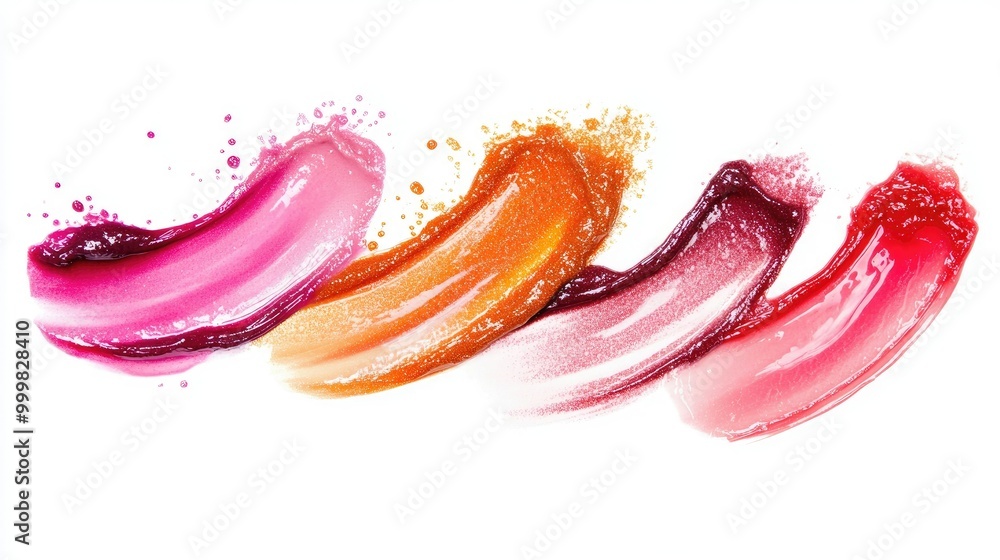 Cosmetic lip gloss smudges on white, each stroke highlighting the richness of color and glossy texture in a detailed shot Cosmetic lip gloss smudges on white, each stroke highlighting the richness of color and glossy texture in a detailed shot