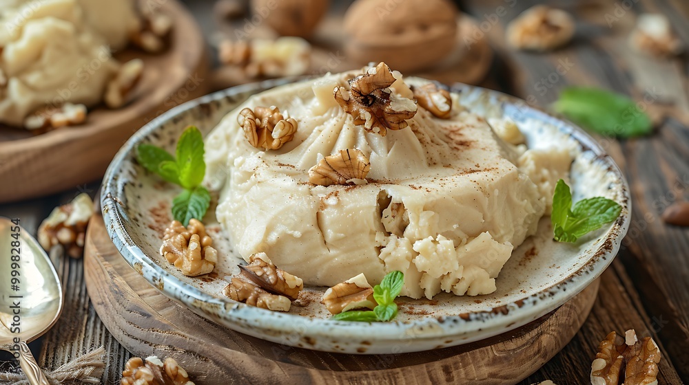 famous homemade flour halva served with walnut in plate on rustic background dessert for holy night or funeral famous homemade flour halva served with walnut in plate on rustic background dessert for holy night or funeral