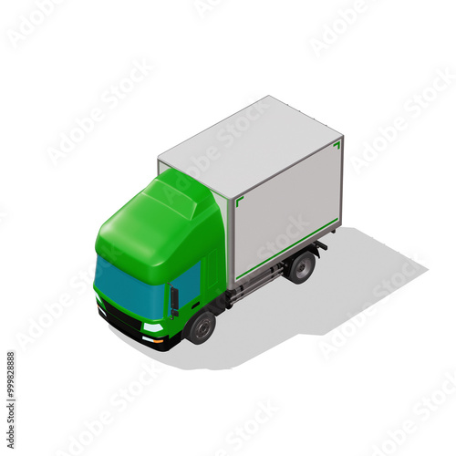 3D Isometric Cargo Truck Photoreal Vector Illustration Modern Green Cabine and White Van City Delivery Vehicle 4x2 Design for Logistics and Transport Presentation Social Media Video Promo Front Left photo