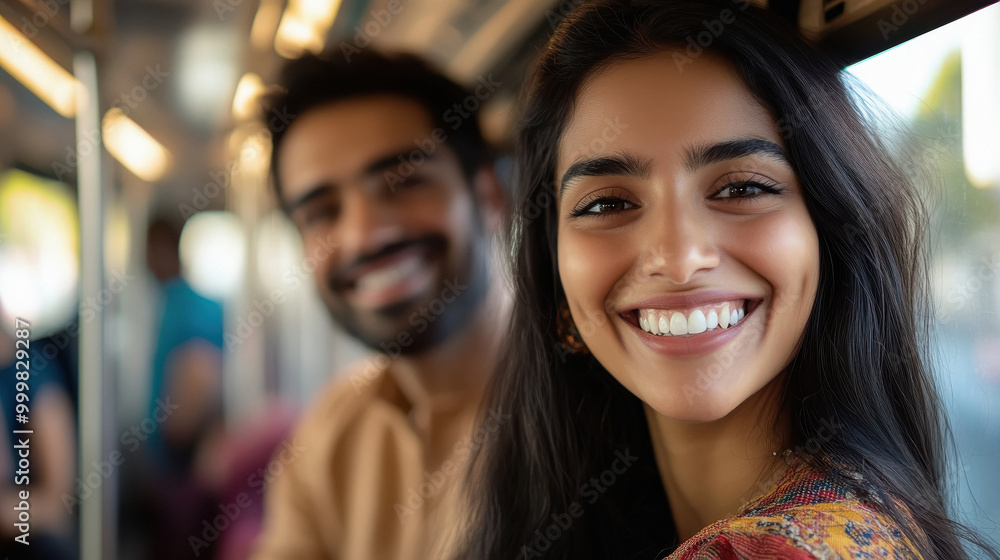 Obraz premium young indian couple sitting in metro train