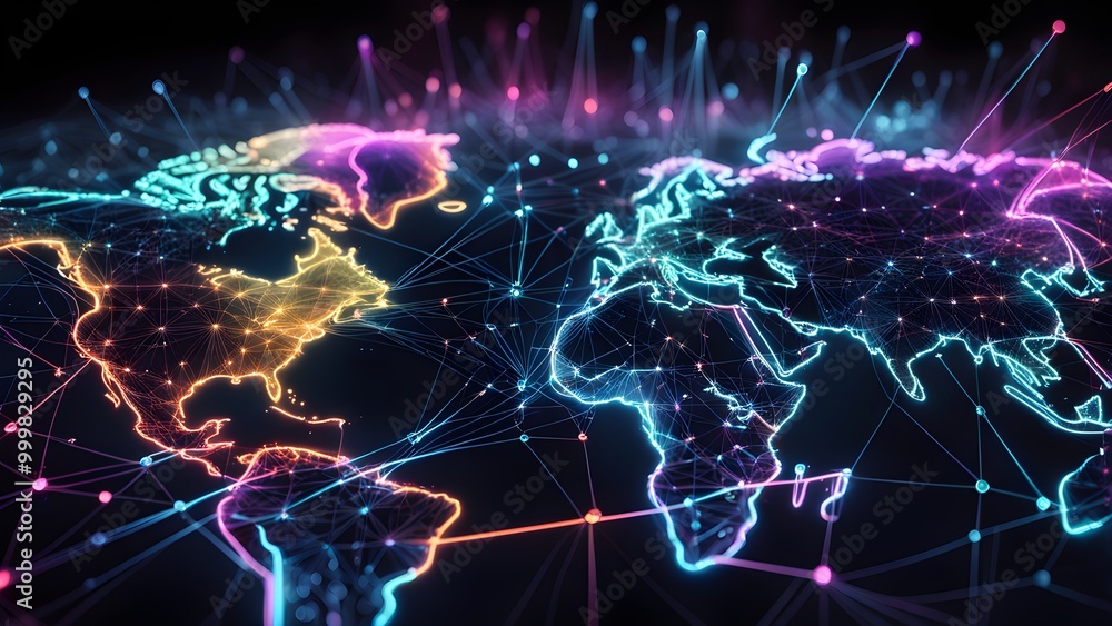 A glowing, neon world map with interconnected lines representing global networks and connections. A glowing, neon world map with interconnected lines representing global networks and connections.