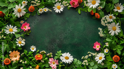 Floral border of colorful daisies and green leaves on a dark green background. Empty copy space in center 