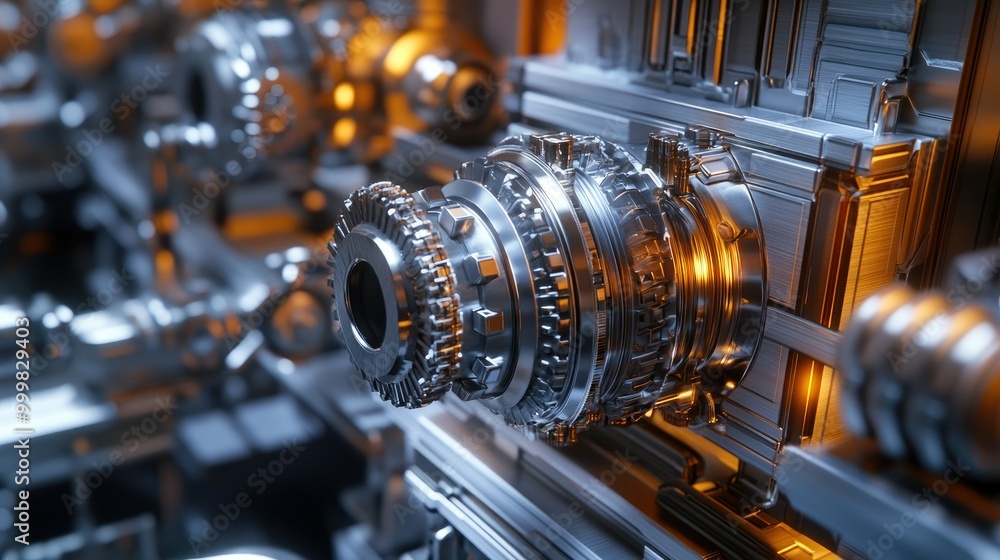 Detailed close-up of robotic gears and components in an automated factory setting, representing precision tech. Detailed close-up of robotic gears and components in an automated factory setting, representing precision tech.