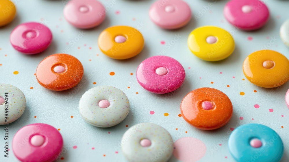 Detailed image of candy buttons lined up on paper, the bright colors and unique texture bringing a sense of fun and nostalgia