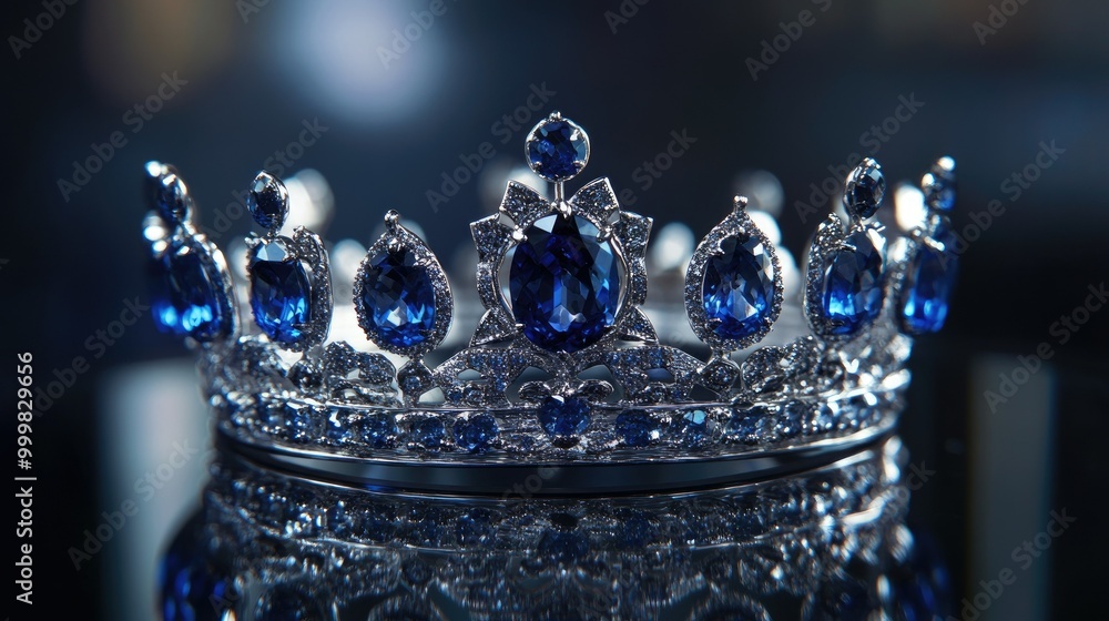 Detailed shot of a silver crown featuring deep blue sapphires, shimmering on a mirrored surface, with perfect lighting to enhance its brilliance