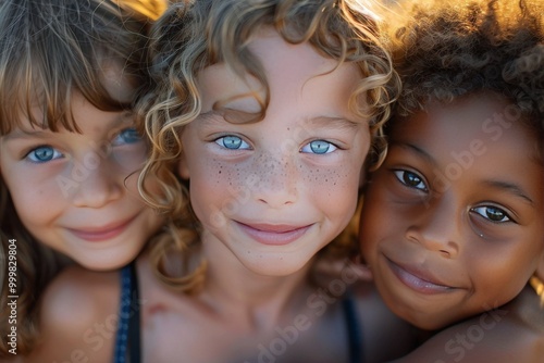 Closeup of three happy multiethnic children, a white girl with curly blonde hair and blue eyes in the center surrounded by two black girls