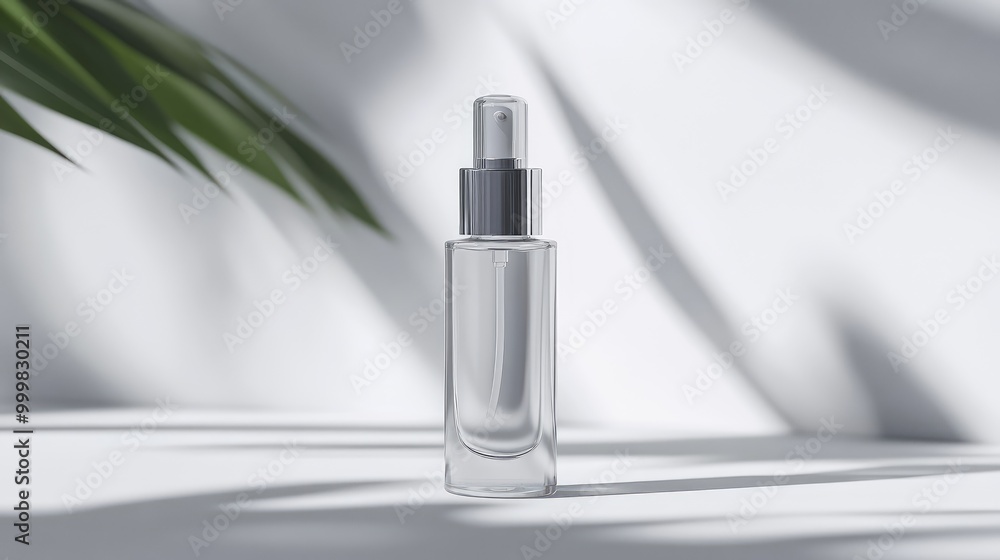 Clear serum bottle with a silver pump cap, spotlight on its minimalist packaging design. No people. No logo. Focus point. Clear serum bottle with a silver pump cap, spotlight on its minimalist packaging design. No people. No logo. Focus point.
