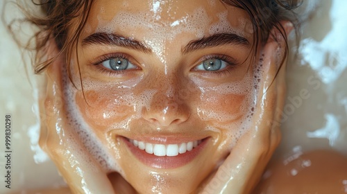 woman with radiant skin applying face wash emphasizing freshness and beauty the soft lighting and delicate focus enhance her glowing complexion ideal for skincare product promotion