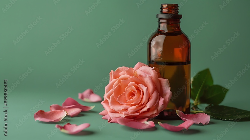 fragrant pink rose rose petals and essential oil in an amber colored apothecary glass bottle isolated over a green background cut out natural cosmetics beauty perfume spa or scent design element fragrant pink rose rose petals and essential oil in an amber colored apothecary glass bottle isolated over a green background cut out natural cosmetics beauty perfume spa or scent design element