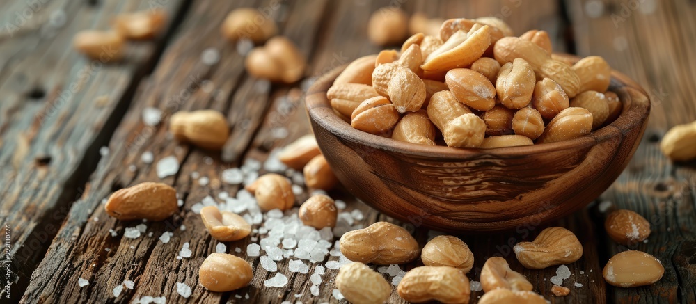 Fried Peel Peanuts With Salt On Wooden Table Fried Peel Peanuts With Salt On Wooden Table