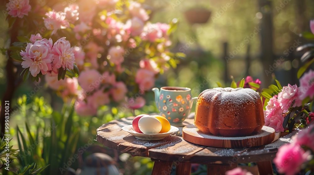 fresh cake kulich paska and easter eggs on a table in a blooming spring garden fresh cake kulich paska and easter eggs on a table in a blooming spring garden