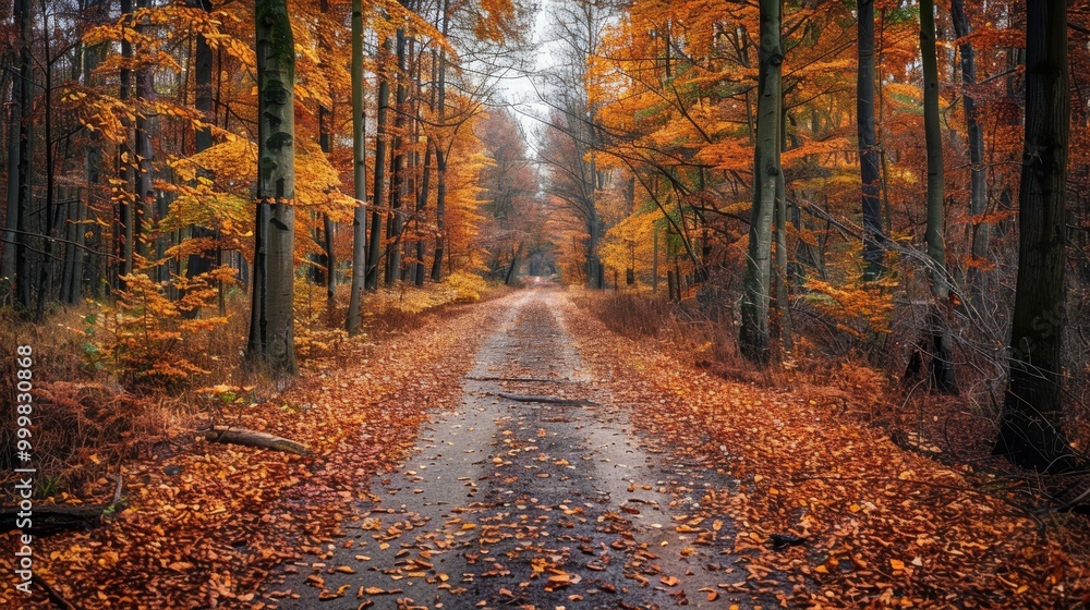 Obraz premium A road with a path through a forest with leaves on the ground