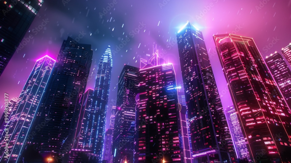 Obraz premium A cityscape with neon lights and a dark sky