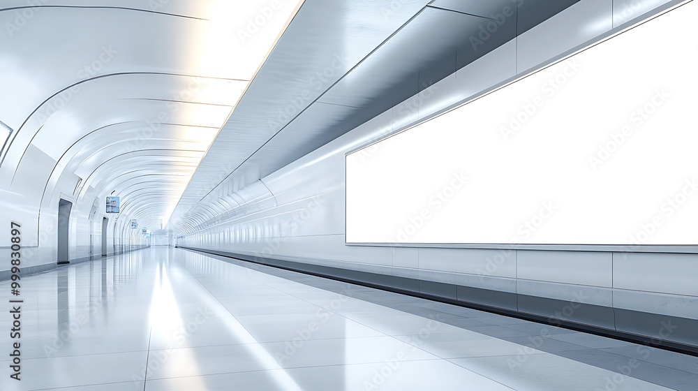Naklejka premium A blank white poster displayed on a subway platform wall, with the train tracks stretching into the distance and a clean, minimalist environment.