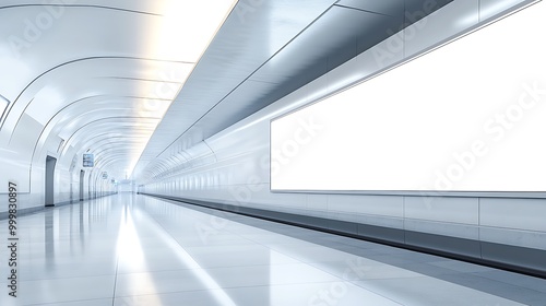 A blank white poster displayed on a subway platform wall, with the train tracks stretching into the distance and a clean, minimalist environment. photo