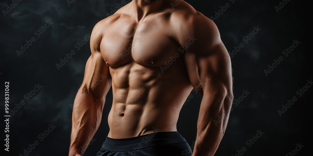 Muscular male torso with defined abs and muscular arms, showing fitness and strength in a dramatic low-light setting with a dark background Muscular male torso with defined abs and muscular arms, showing fitness and strength in a dramatic low-light setting with a dark background