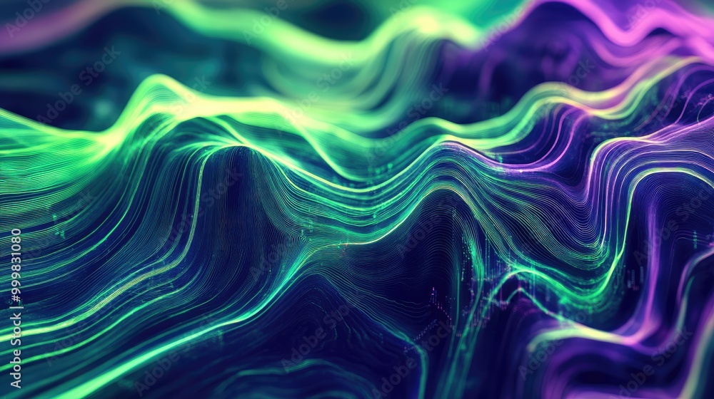 Dynamic lines and fluid shapes in green and violet, abstractly conveying data science analysis using Julia programming Dynamic lines and fluid shapes in green and violet, abstractly conveying data science analysis using Julia programming