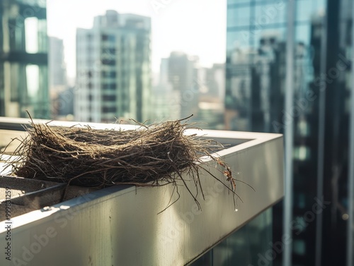 A bird's nest rests on a balcony railing, framed by urban skyscrapers, highlighting nature amidst a bustling city environment. photo