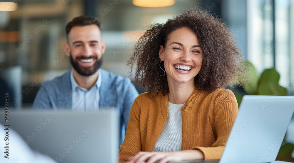 happy business people working on laptop together happy business people working on laptop together
