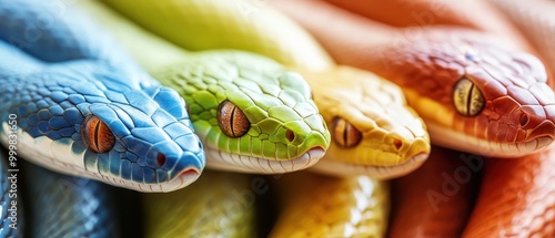 Vibrantly colored snakes in blue, green, yellow, and orange display a stunning array of scales, showcasing nature's beauty and diversity. photo