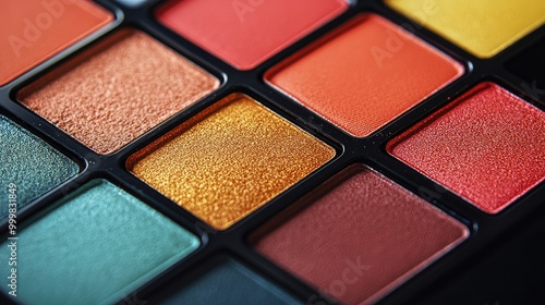 Close-up of a colorful eyeshadow palette with a matte finish, no branding, focusing on the pigment details, no people.