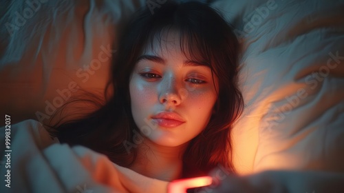 young woman lying in bed staring listlessly at smartphone muted colors and soft lighting convey sense of isolation and digital fatigue photo