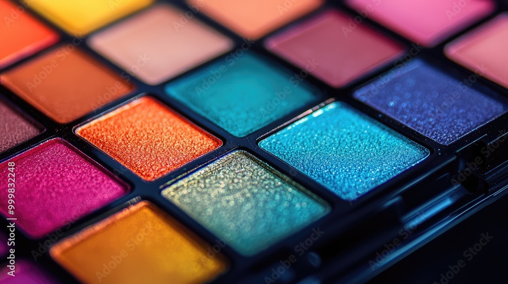 Close-up of a colorful eyeshadow palette with a matte finish, no branding, focusing on the pigment details, no people. Close-up of a colorful eyeshadow palette with a matte finish, no branding, focusing on the pigment details, no people.