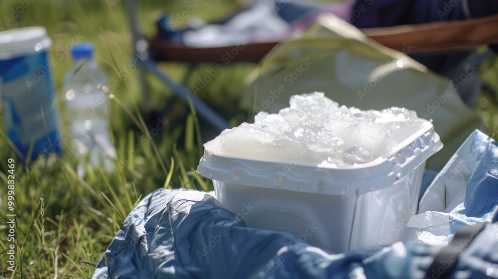 Closeup of a White Cooler Filled With Ice on the Grass Closeup of a White Cooler Filled With Ice on the Grass