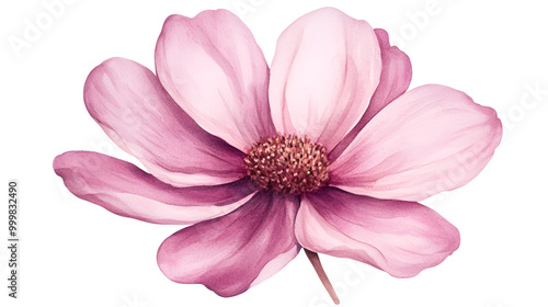 Watercolor cosmos, light pink petals, soft edges, isolated on white, gentle shading, natural design., ready to bring joy to any space , cartoon drawing, water color style