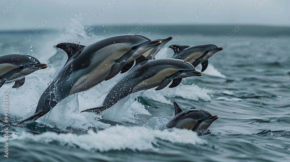 Obraz premium Group of dolphins jumping from the ocean