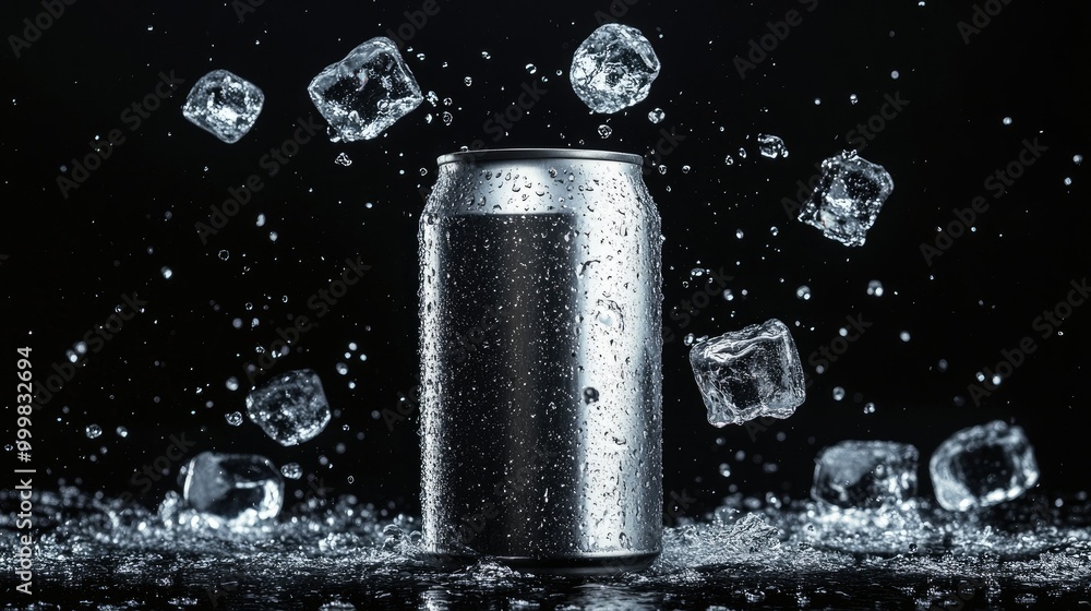Empty aluminum can with flying ice cubes and water splashes, set against a black background, perfect for beverage advertising Empty aluminum can with flying ice cubes and water splashes, set against a black background, perfect for beverage advertising