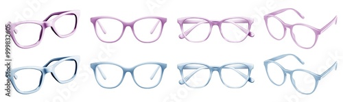 2 Set of pastel light blue purple rimmed frame spectacles specs eyeglasses eye glasses eyewear with semi transparent clear lens on cutout PNG. Many different angle. Mockup template for artwork design photo