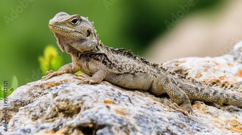 A lizard rests on a rocky surface, showcasing its textured skin and blending with the natural greenery in the background.