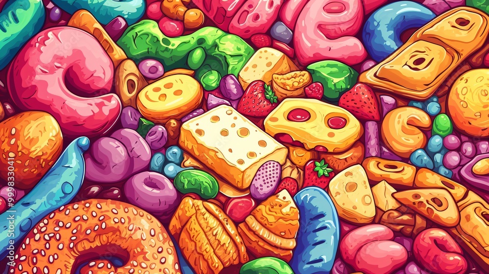 Colorful Cartoon Food and Sweets Pattern Background Colorful Cartoon Food and Sweets Pattern Background