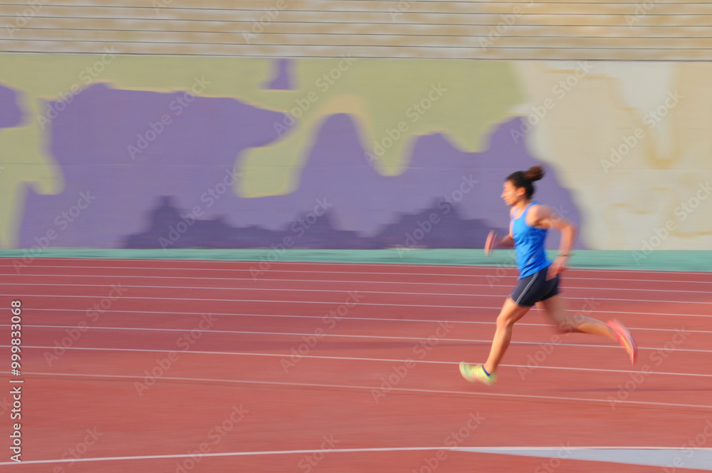 Obraz premium Young female athlete running on track with motion blur