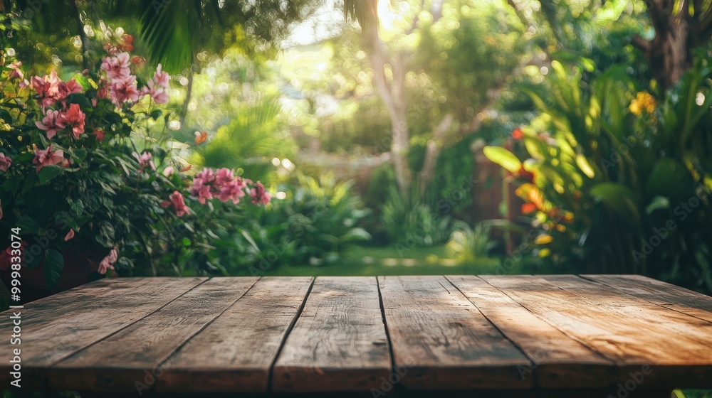 Empty wooden table in a lush backyard with plants and flowers, perfect for outdoor gatherings and celebrations Empty wooden table in a lush backyard with plants and flowers, perfect for outdoor gatherings and celebrations