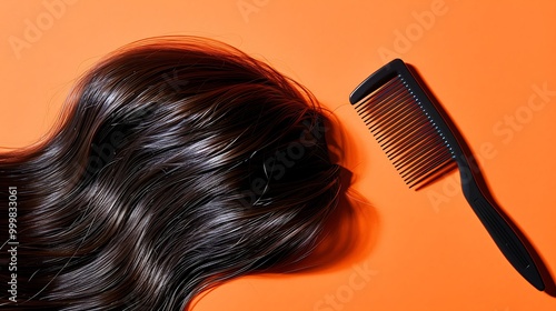 Hair and comb on orange background