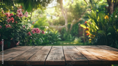 Empty wooden table in a lush backyard with plants and flowers, perfect for outdoor gatherings and celebrations