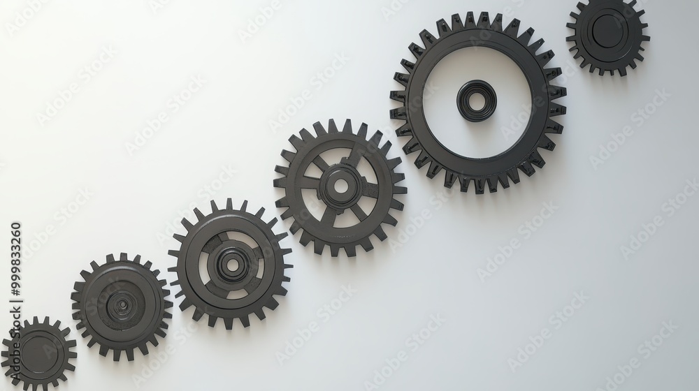 A series of black gears arranged in a row, showcasing the mechanics and design of machinery on a light background. A series of black gears arranged in a row, showcasing the mechanics and design of machinery on a light background.