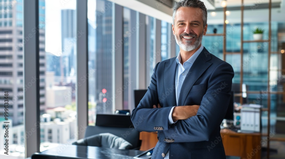 Experienced businessman in an upscale office, navy blue suit Experienced businessman in an upscale office, navy blue suit