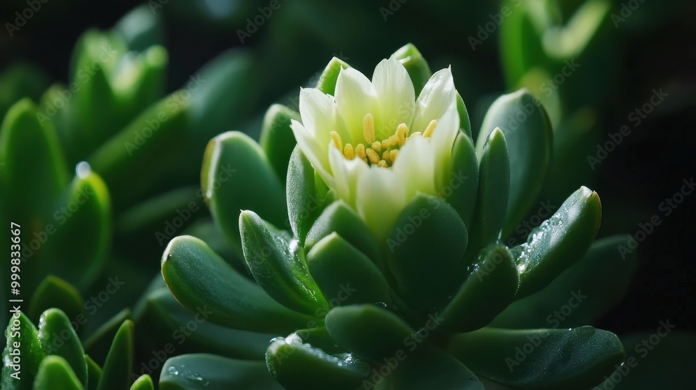 A close-up of a succulent plant featuring a delicate white flower blooming among lush green leaves. A close-up of a succulent plant featuring a delicate white flower blooming among lush green leaves.