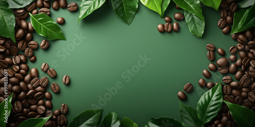 Coffee beans and fresh green leaves on green background, representing coffee culture, freshness, and natural ingredients, perfect for coffee-related themes and branding photo