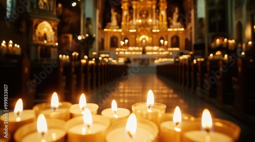 Flickering candles near a grand church altar, creating a calm and spiritual ambiance within the sacred space.