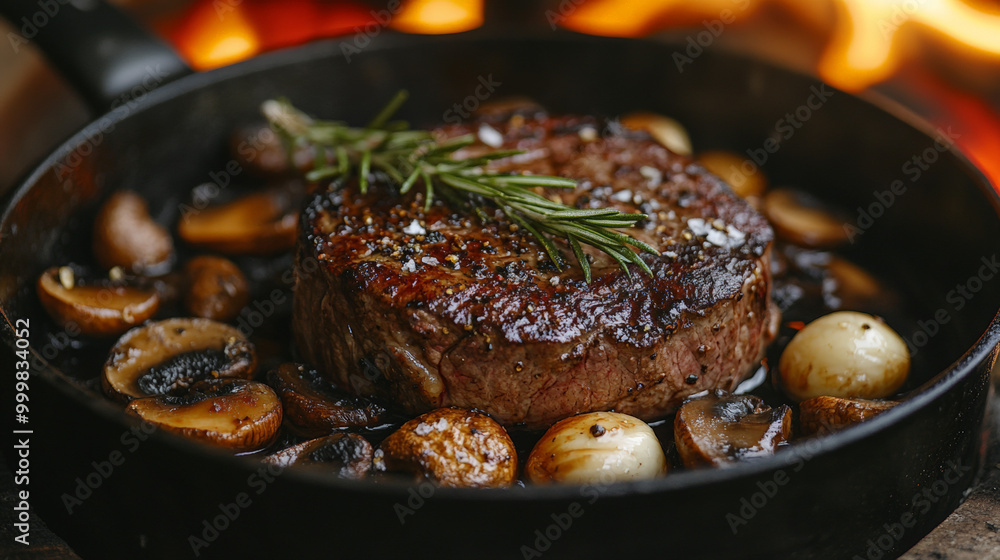Filet mignon with mushrooms and garlic drenched in butter and rosemary in a sizzling skillet over a flaming campfire Filet mignon with mushrooms and garlic drenched in butter and rosemary in a sizzling skillet over a flaming campfire