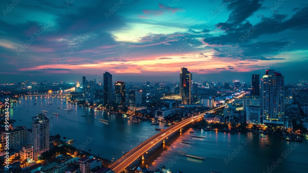 A city skyline with a bridge over a river A city skyline with a bridge over a river
