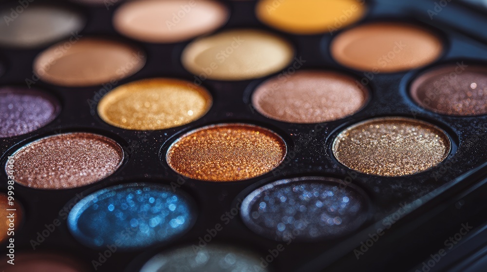 Close-up of a luxurious eyeshadow palette with metallic details, no branding, focused on the rich color range, no people. Close-up of a luxurious eyeshadow palette with metallic details, no branding, focused on the rich color range, no people.