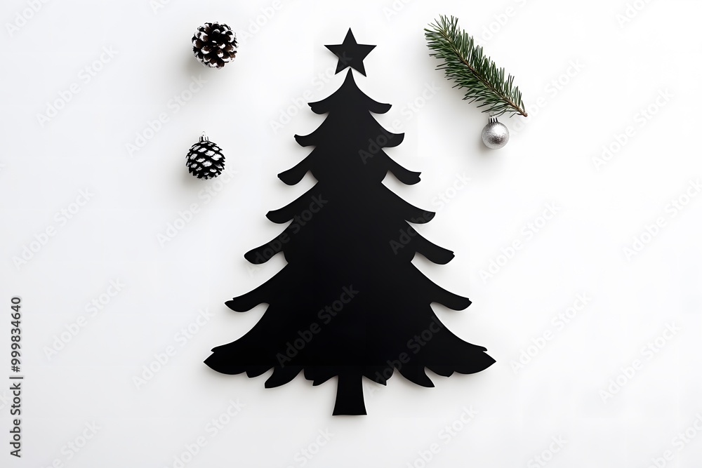 Simple Christmas tree silhouette with a few small ornaments, drawn in clean lines on a white backdrop Simple Christmas tree silhouette with a few small ornaments, drawn in clean lines on a white backdrop