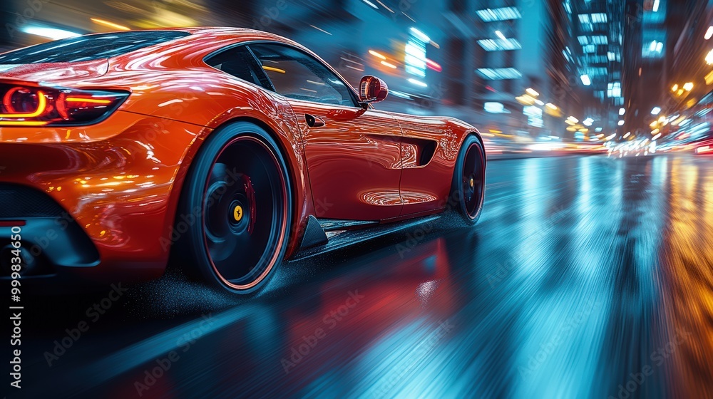 A red sports car was driving down the street at dusk A red sports car was driving down the street at dusk